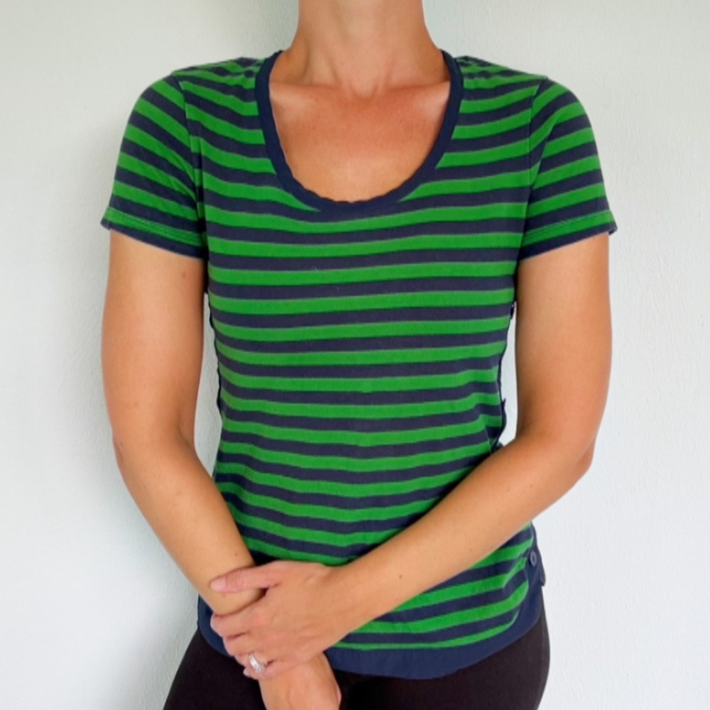 Nautica navy blue green stripe sailor button short sleeve tee size small